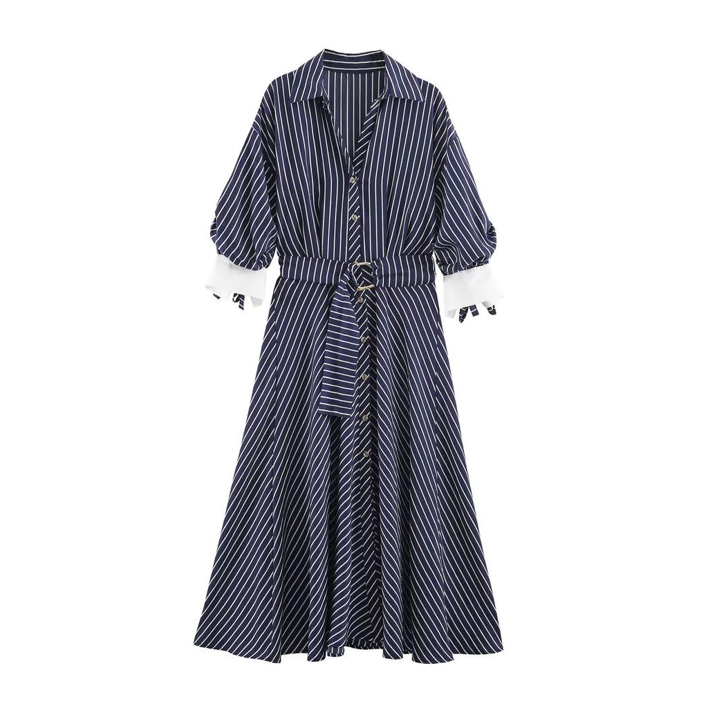 Autumn European and American Women's Clothing Medium and Long with Belt Striped Midi Dress