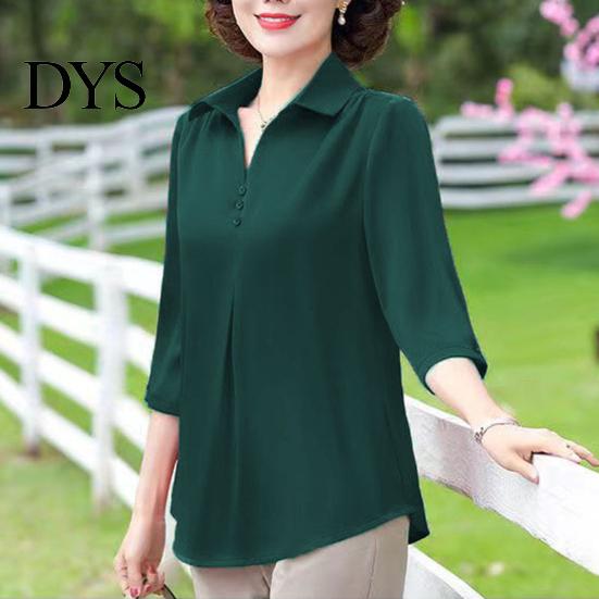 Turn-down Collar Mother Summer Top Buttons Solid Color Three-quarter Sleeves Pullover Match Pants Mid-aged Casual Plus Size Mom Spring T-shirt Women