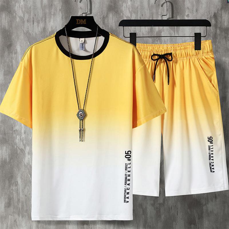 

Летний спортивный и досуговый костюм Ice Cool, мужские трендовые шорты с короткими рукавами и градиентом, комплект из двух предметов M