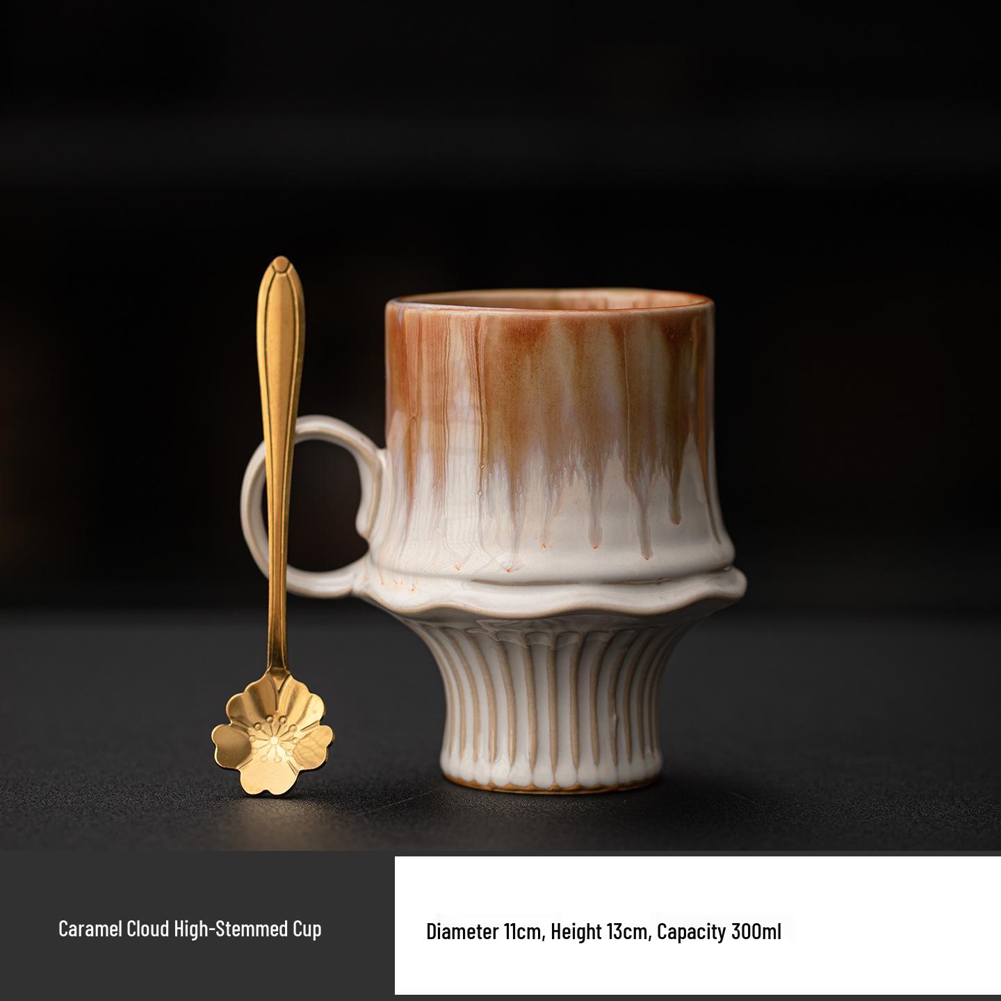Vintage Handpinched Vertical Stripe Ceramic Mug - Caramel Glaze Coffee & Tea Cup 300ml