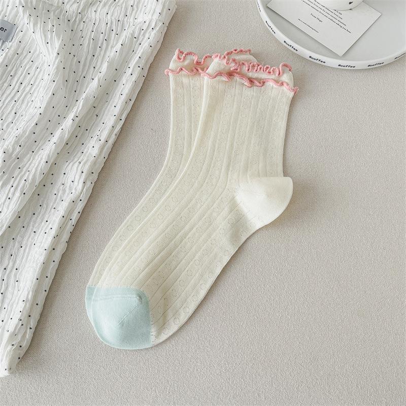 

Женские тонкие весенне-летние носки с бантиком и кружевом, тканевой этикеткой, милые летние махровые носки, чистый хлопок, сетчатые, дышащие, с краем в виде черного гриба 1 pair