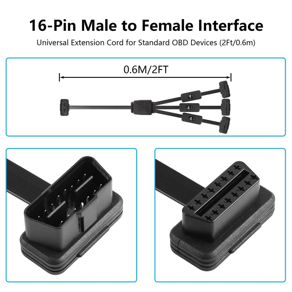 CERRXIAN OBD-II OBD2 16Pin 1 Male To 3 Female Splitter with Switch Flat Extension Cable Adapter 0.6M