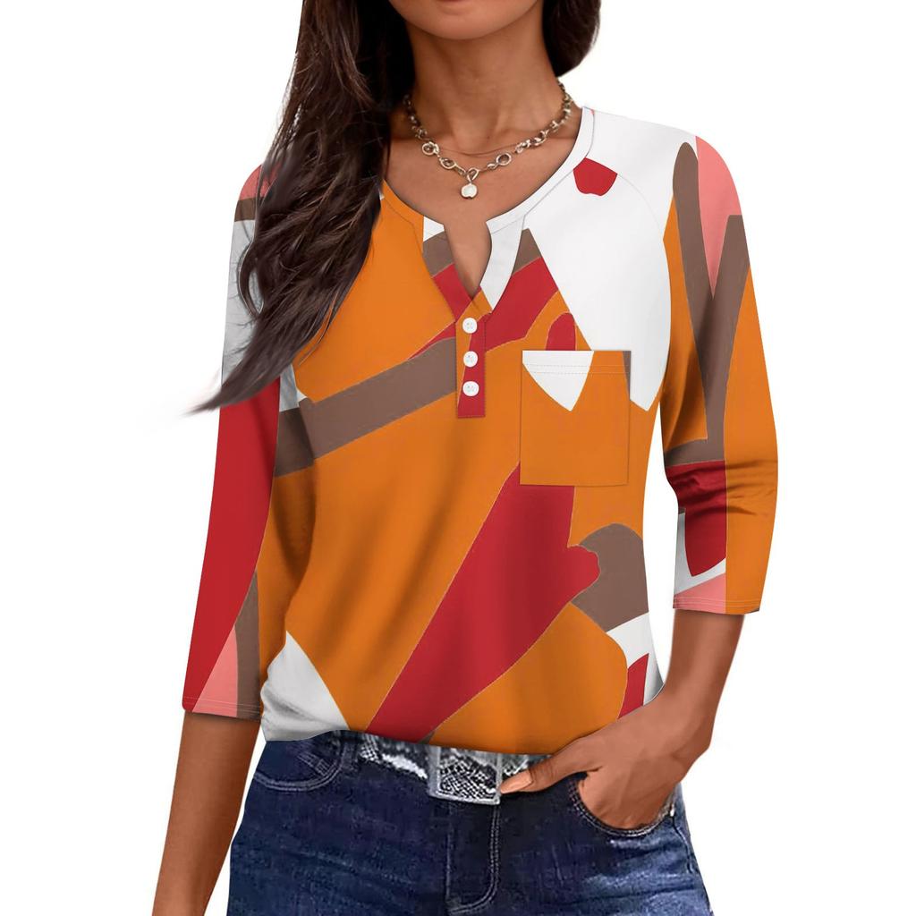 Women's Casual Fashion V-neck Loose Versatile Floral Print Three-quarter Sleeves