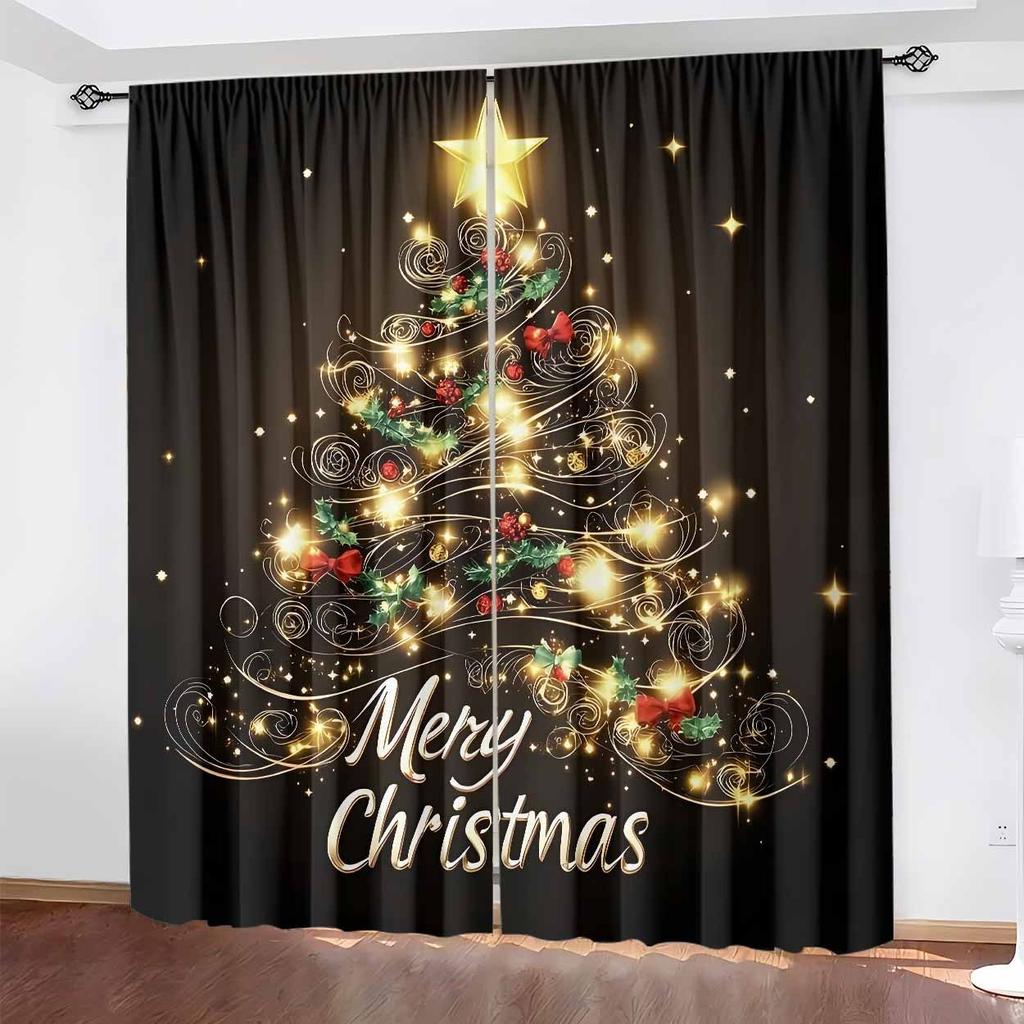 Christmas Tree Blackout Curtains 2pcs   Merry Print Light Filtering Rod Pocket Fade Resistant Machine Washable for Home Decor