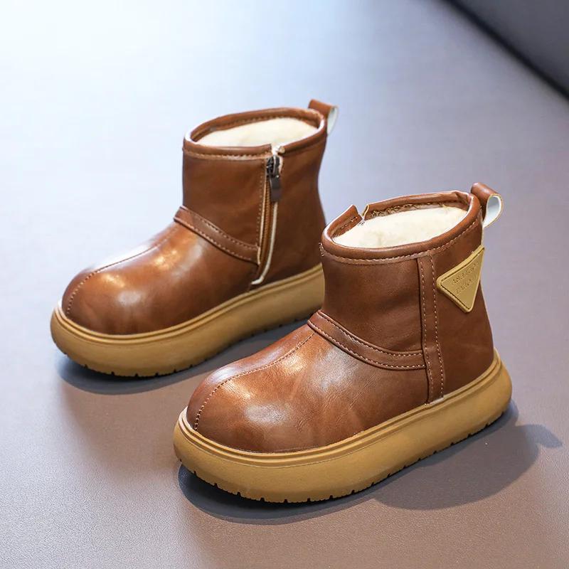 Kids Leather Snow Boots Girls' Fur Shoes Boy Child Ankle Zip Boot Winter Warm Children Big Toes Booties for 26-36