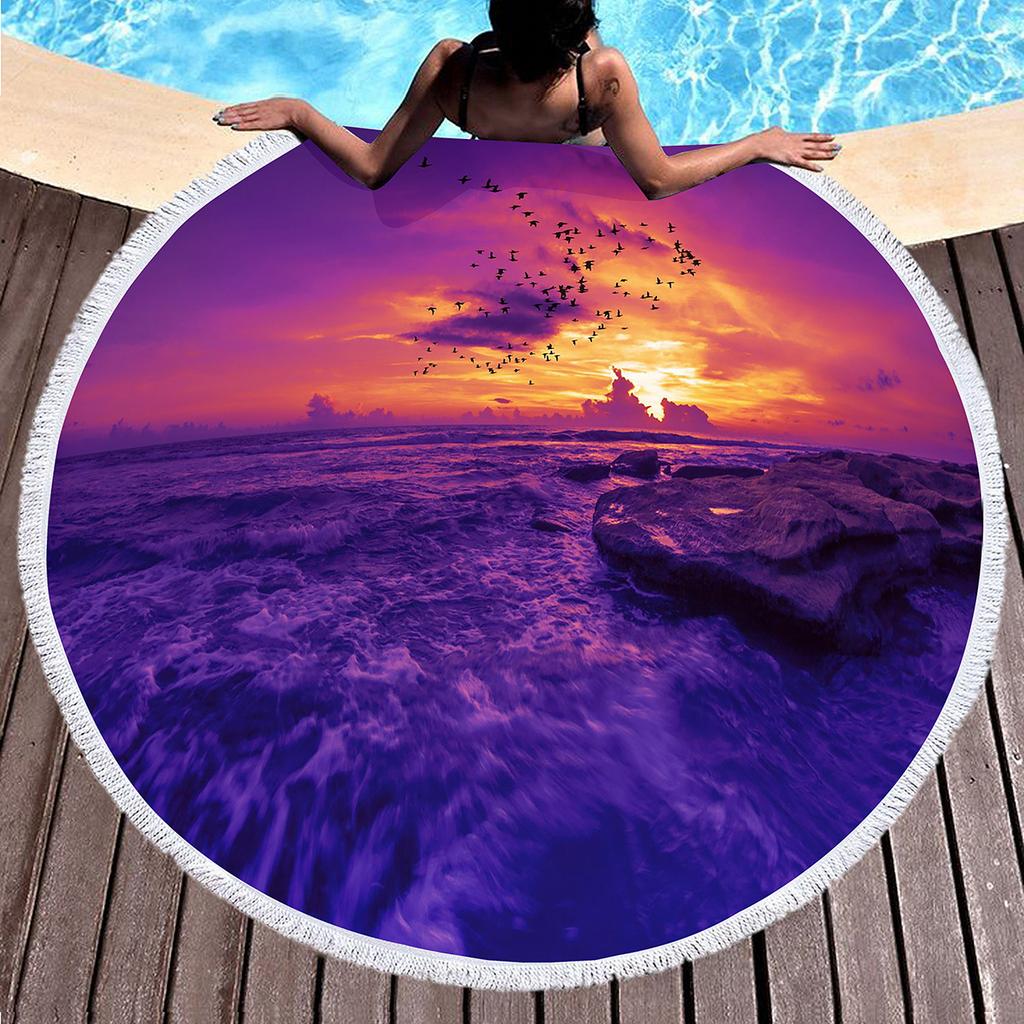 Sunset Landscape Round Beach Towel, Microfiber Beach Seawater Beach Blanket Lightweight Absorbent Circle Swim Towel with Tassels