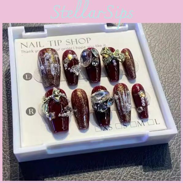 Handmade Gemstone Wine Red Bridal Nail Art Set For Spring Summer Wedding