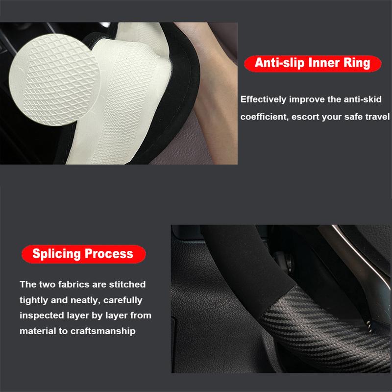 D-Shaped Carbon Fiber & Suede Leather Car Steering Wheel Cover Anti-Slip Protector Breathable Sweat Absorbent Sport 38cm(15Inch)