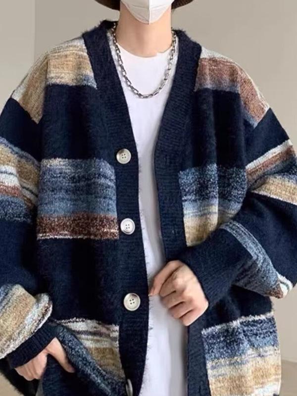 Men's Striped Knit Cardigan: Soft, Casual Autumn/Winter Outerwear, Versatile & Cozy, Unisex Style.