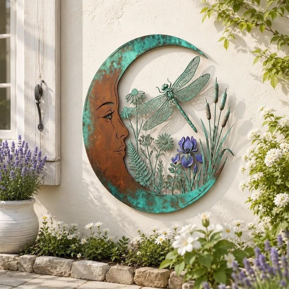 Garden Decor Dragonfly Bee Wall Art 3D Round Celestial Wall Sign Outdoor Accent  Patio Decor