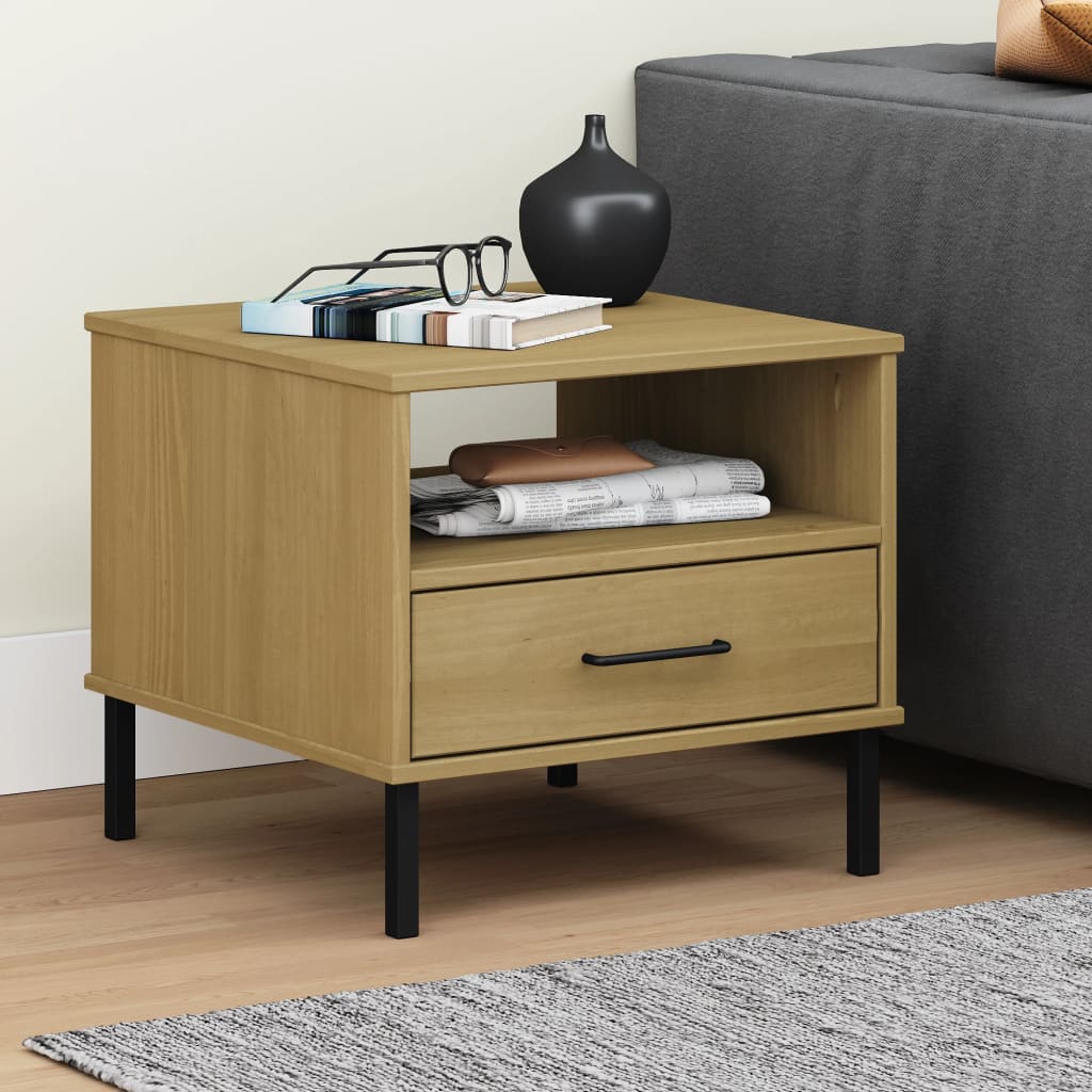 Nightstand OSLO with Metal Legs Brown Solid Pine Wood