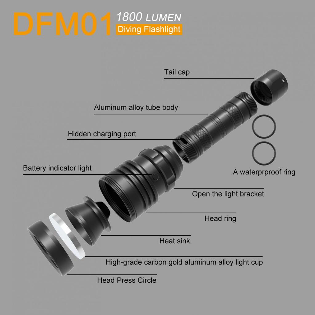 SecurityIng DFM01 1800LM 5 Modes Light Scuba Diving Flashlight for Diving with Magnetic Rotary Switch