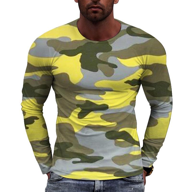 Men's Camouflage Printed Long Sleeve T-shirt European Size Casual round Neck Top Trendy Autumn Wear