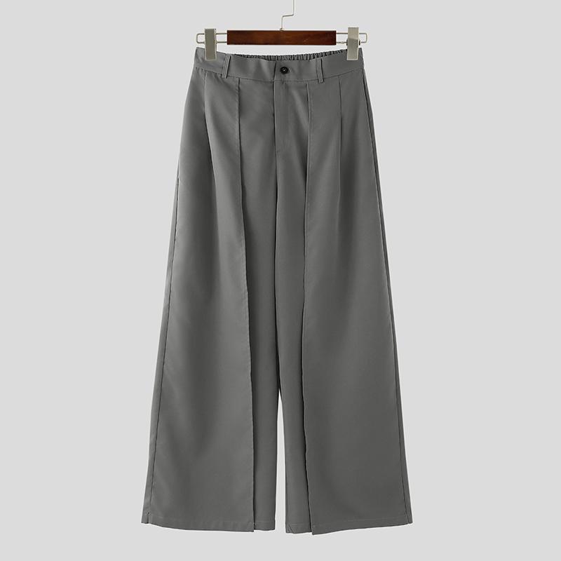 INCERUN Men Zip-up Elastic High Waist Trousers Casual Long Wide Legs Pants