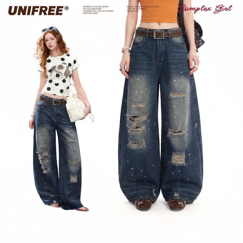 UNIFREE 2026 Summer Vintage Wash Distressed Wide-Leg Jeans with Belt L