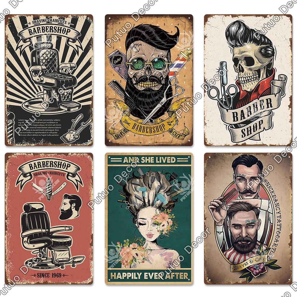 Decor Barber Tin Sign Plaque Metal Plate Vintage Retro Barber Shop Wall Art Posters Iron Painting for Room House Stickers