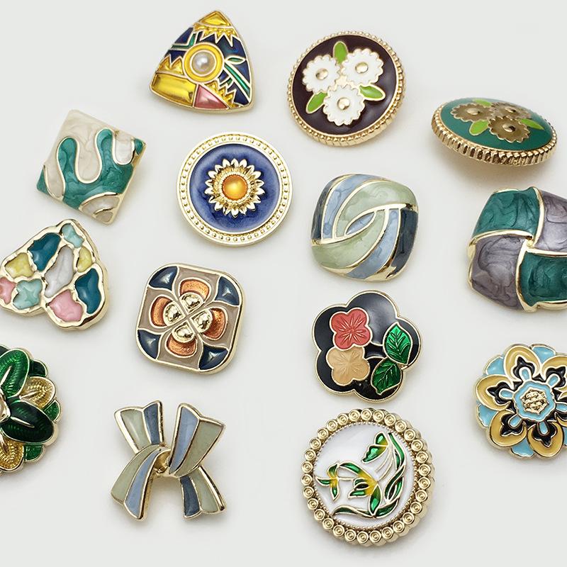 10PCS Of National Style Enamel Colorful Metal Buttons Burnt Blue Palace Oil Square Flower Clothing Button