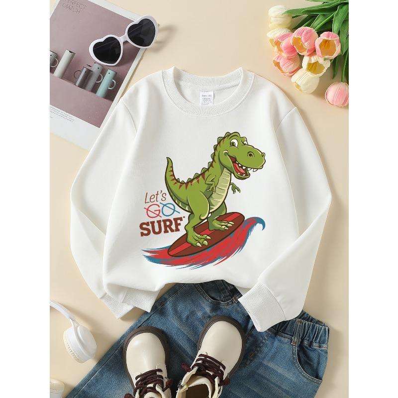 Dinosaur Surfing Adventure Let's Go Surf Girls' Crew Neck Fashion Sweatshirt, Autumn and Winter Western Style Top, Children's Long Sleeved T-shirt