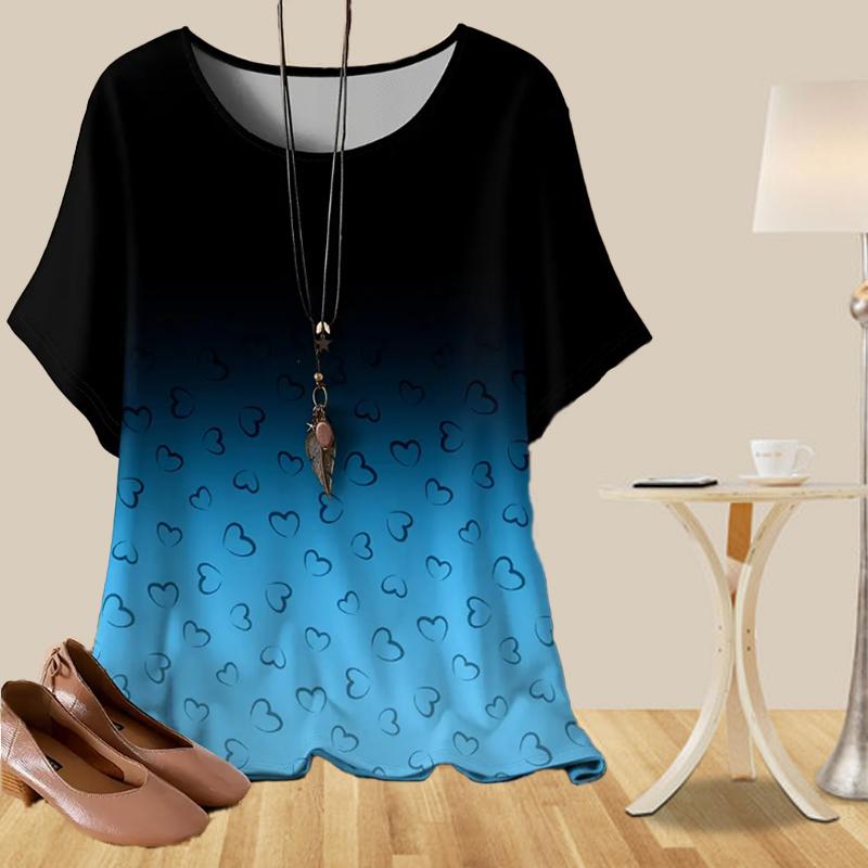 Women's Fashion Casual Loose Spring Shirt Women's Short Sleeve Gradient Heart-shaped Pattern Printed Tops
