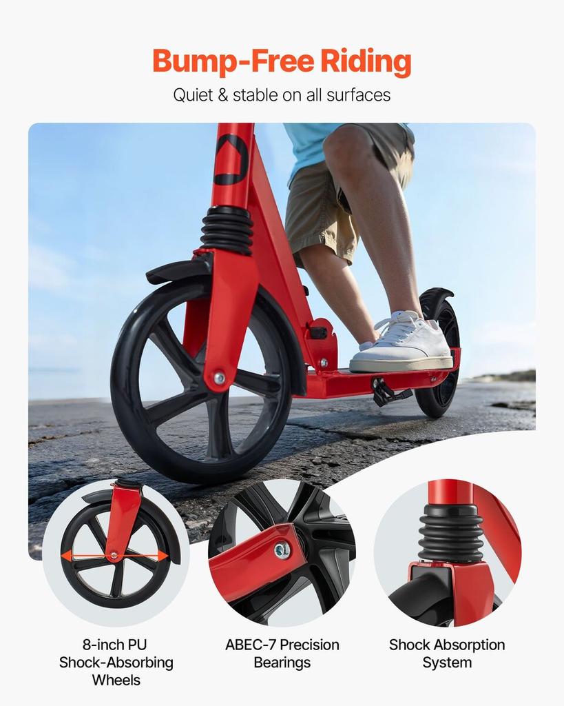 Kick Scooter for Kids Ages 8+, Teens & Adults, 2-Wheel Toddler Scooter with Adjustable Height Handlebar, Wide Anti-Slip Deck, Foldable Lightweight for