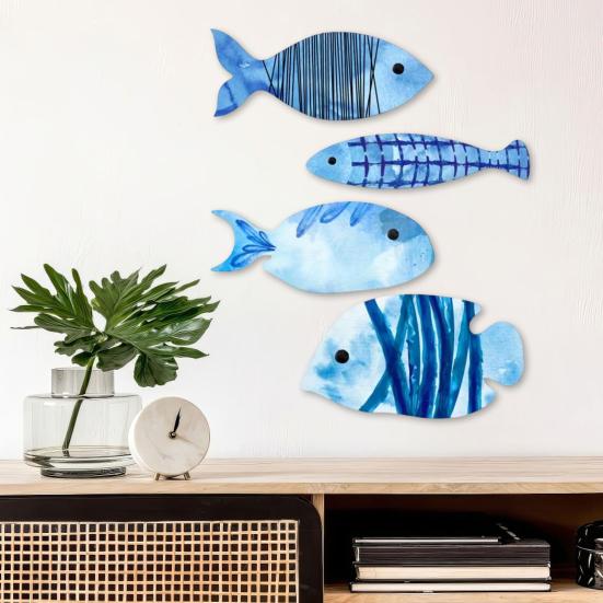 4 Pcs Wood Fish Wall Decor Rustic Blue Fish Beach Wall Art Nautical Coastal Themed Wall Hanging Sculpture for Lake House Ocean Bathroom Decor