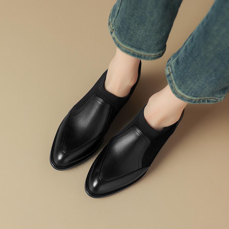 2024 New Genuine Leather Top Quality Retro Shoes Woman Spring Slip On Dress Black Round Toe Ladies Loafers High Heel Shoes