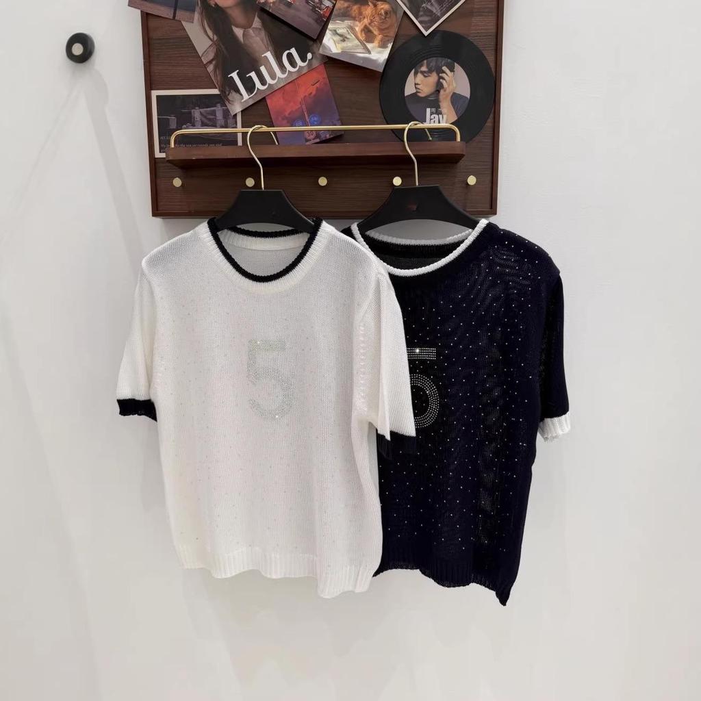 Trendy Women's Casual Knit Top with Rhinestone Numbers