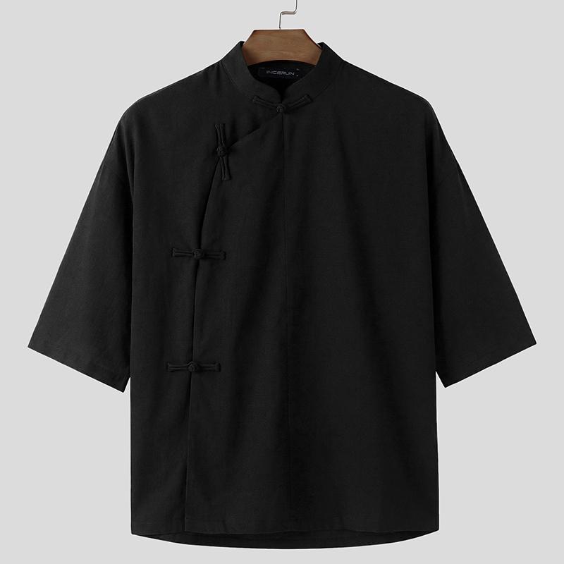 INCERUN Summer Men Vintage Stand Neck Short Sleeve Side Buttons Casual Vintage Shirts 4XL