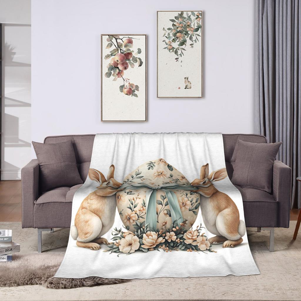 Easter Bunny Floral Patter Blanket Winter  Cozy Throw Blanket For Girl Home Decor Flannel Bedspread Bed Cover