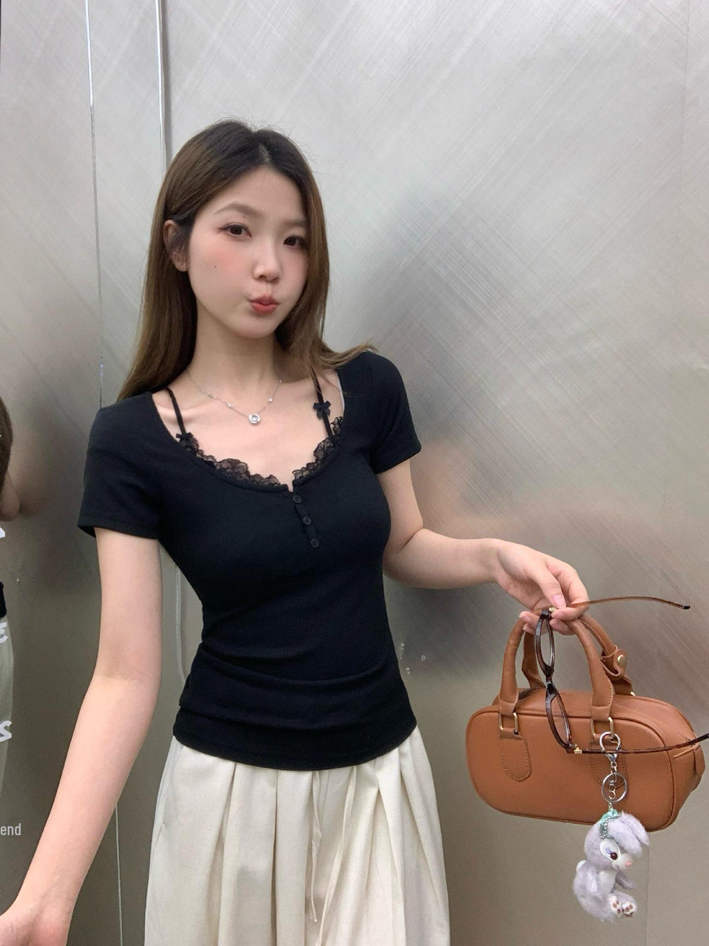Plus Size Summer Lace Patchwork Slimming T-shirt L