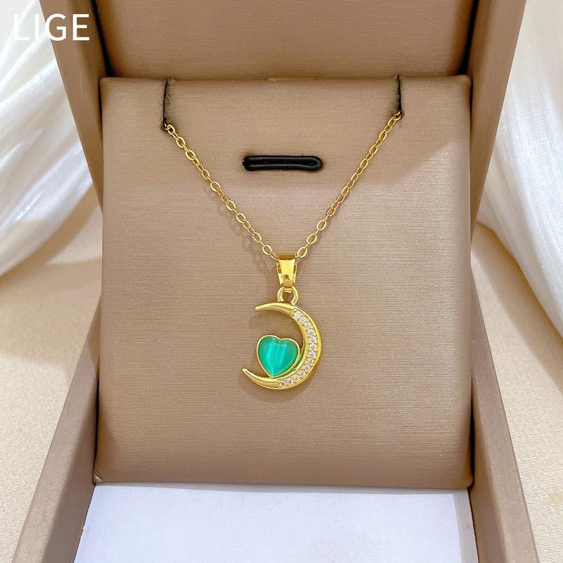 Titanium Steel Moon Green Peach Heart Light Luxury Temperament Gorgeous Full Diamond Necklace Female Versatile Collarbone Chain Titanium Steel Chain