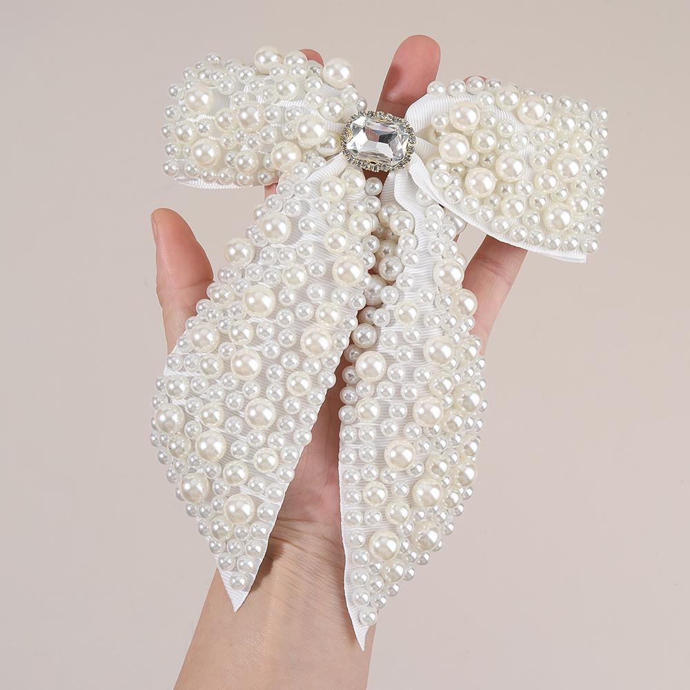 

Корейская заколка для волос с жемчужным бантом, элегантная заколка для волос с лентой, милая заколка со стразами ручной работы для женщин, девушек, детей, аксессуары для головного убора