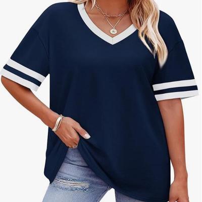2026 Women's V-Neck Striped Color Block Loose Casual Sports Top