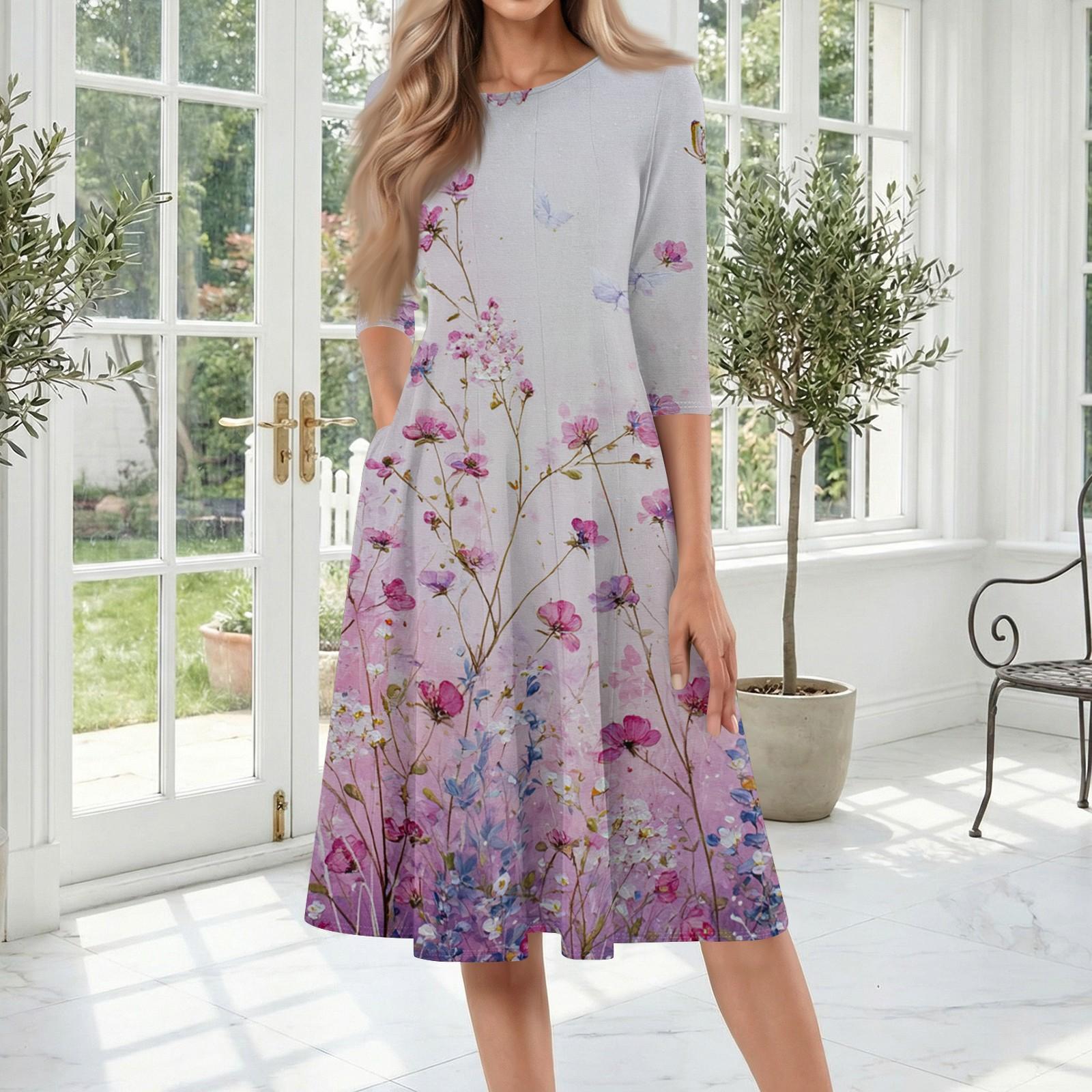 

Women’s Casual Crewneck Three Quarter Sleeve Floral Print Midi Dress Relaxed Fit Mid Length Soft Fabric Dress S розовый