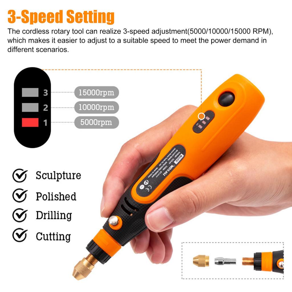 Kit de Ferramentas Rotativas Sem Fio 46 Peças 3 Velocidades Carregamento USB Alimentado por Bateria Com Acessórios Para Lixar Polir Furar Gravar