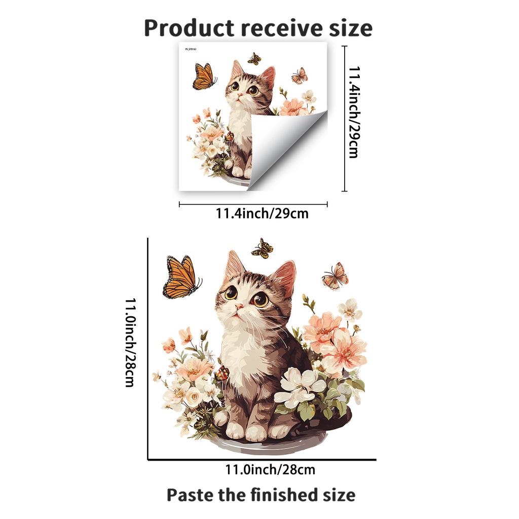 Cute Floral Kitten Toilet Lid Sticker Self-Adhesive Removable Bathroom Decor