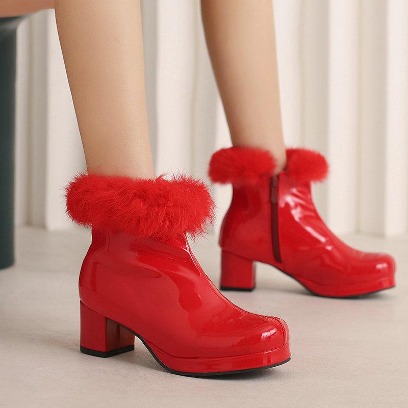 Women's Short Boots Autumn and Winter Patent Leather Thick Heels High Heels Rabbit Fur Side Zipper Warm Cotton Shoes