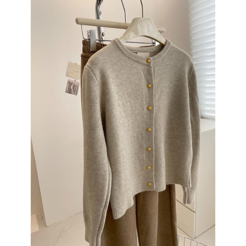 White raspberry powder small gold button knitted cardigan women's autumn and winter soft waxy thickened warm crew neck sweater jacket