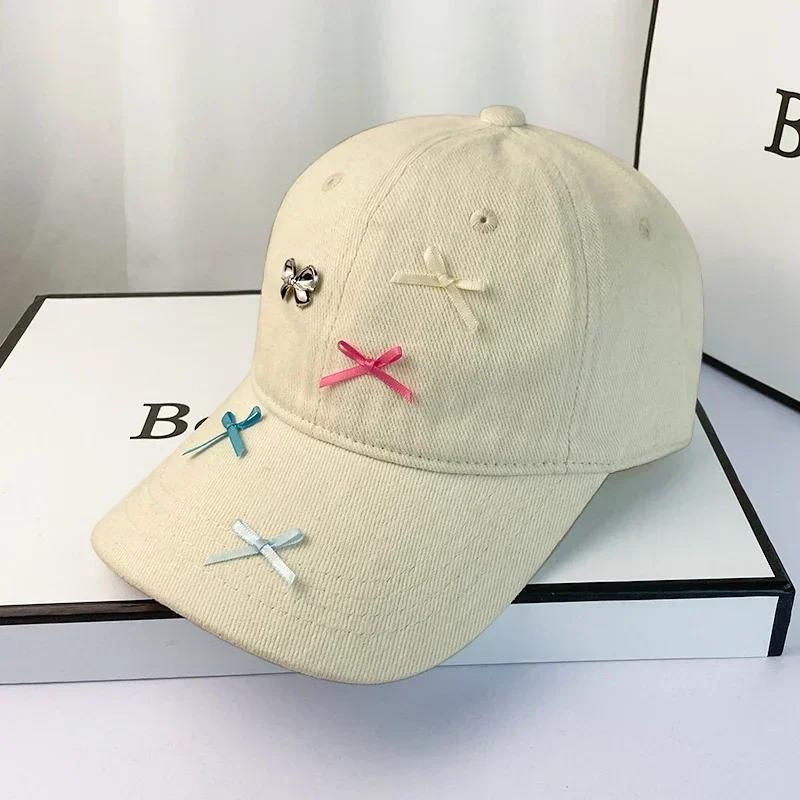 Korean Dopamine Bow Embroidery Baseball Cap Adjustable Washed Denim Snapback Hats For Women Girl Cute Top Sun Hat Female Caps