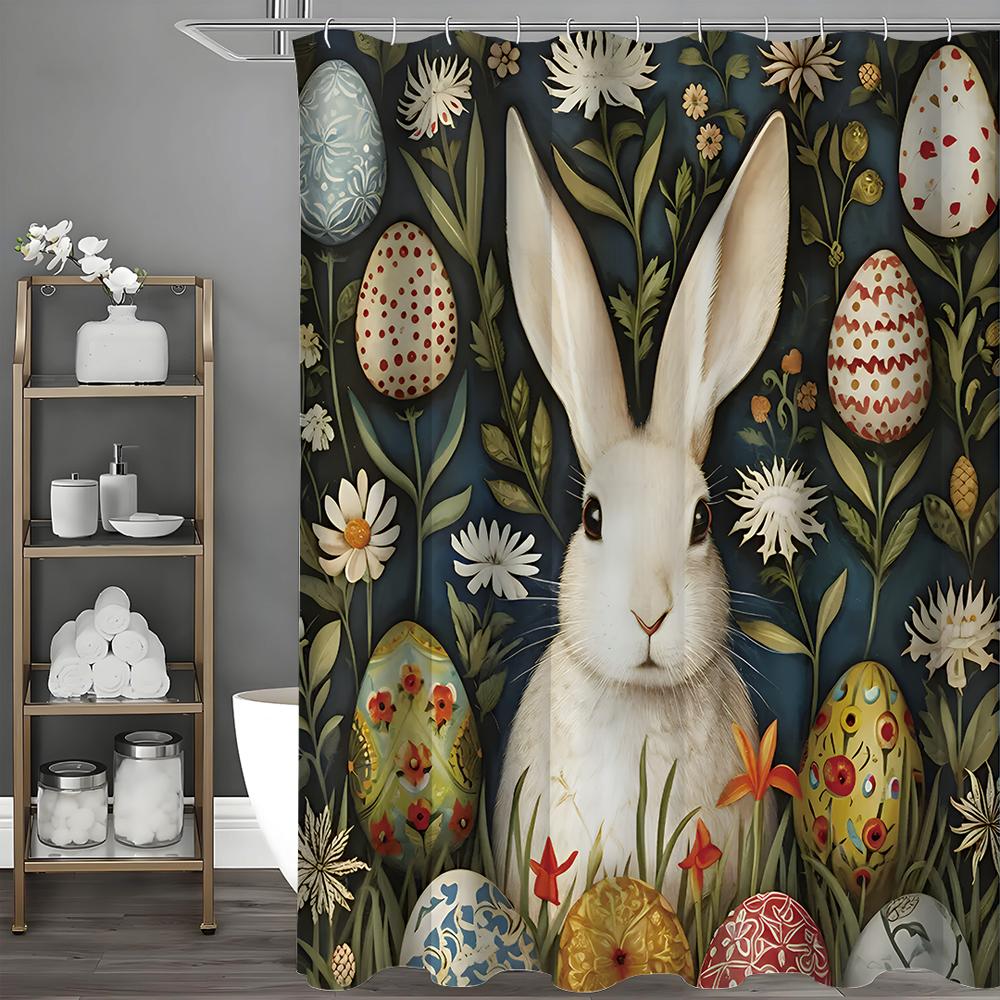 Easter Cute Bunny Shower Curtain, Cute Green Floral Egg Spring Bathroom Decorative Shower Curtain, Waterproof Shower Curtain Wit