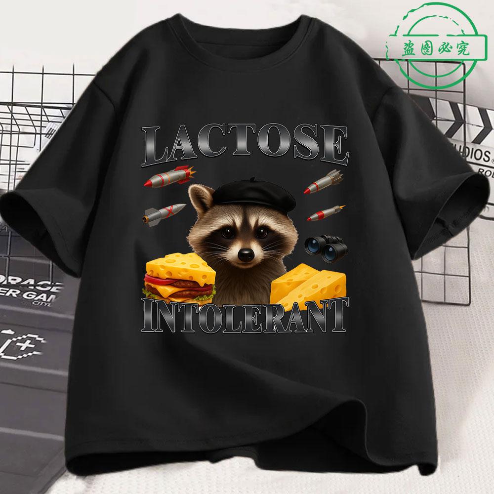 T-shirt Chat Drôle Intolérant au Lactose Unisexe Femme Mode Rétro Manches Courtes Coton Décontracté Confortable Oversize