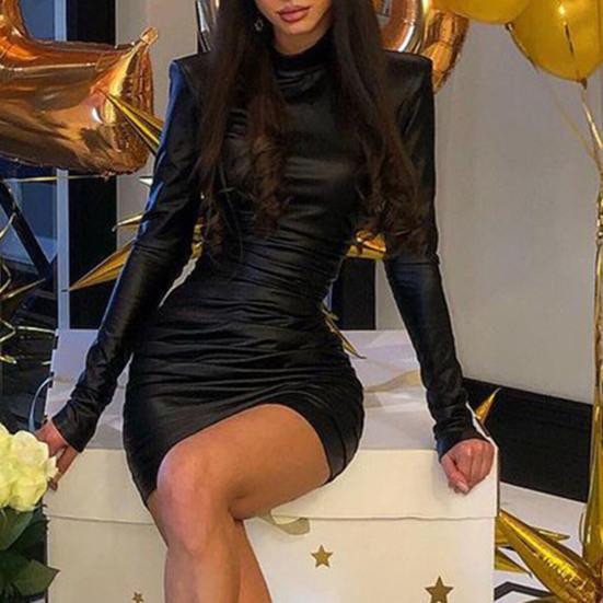 Turtleneck Long Sleeve Hip Wrap Pleated Bodycon Dress Autumn Faux Leather High