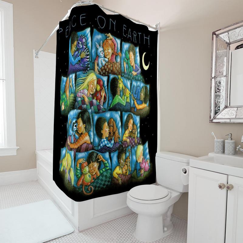 Cozy Kids Sleep Shower Curtain Multicolored Illustration Featuring Children With Pets In Bed For A Calming Nursery Ambiance (36X