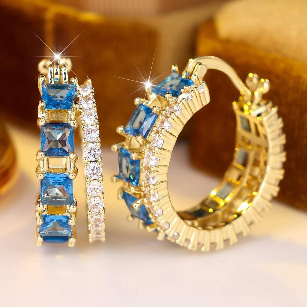 Aqua Blue Crystal Square Stone White Zircon Small Hoop Earrings for Women Gold Color Ear Buckle Wedding Jewelry Versatile Gifts