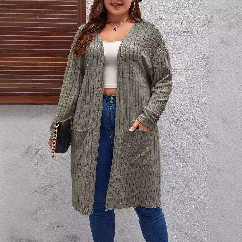 Spring and autumn thin large size ladies casual long sweater cardigan, loose and comfortable ladies unbuttoned knitted jacketHF23047