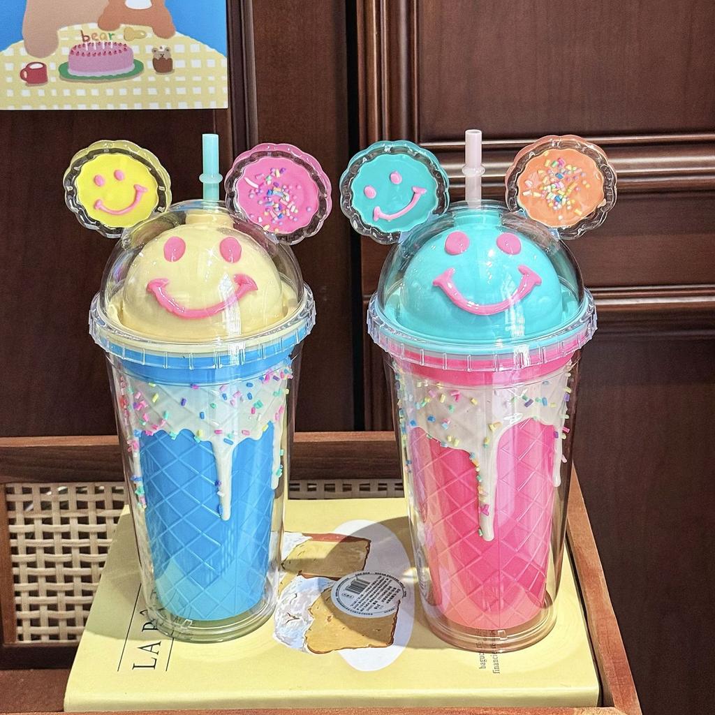 Fashion and Creative Smiley Face Water Cup Large Capacity Bingba Straw Cup Plastic Cup Exquisite Lady Gift