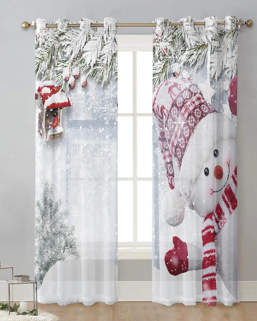 Christmas Winter Snow Scene Snowman Sheer Curtains for Living Room Decoration Window Curtains Kitchen Tulle Voile Curtains