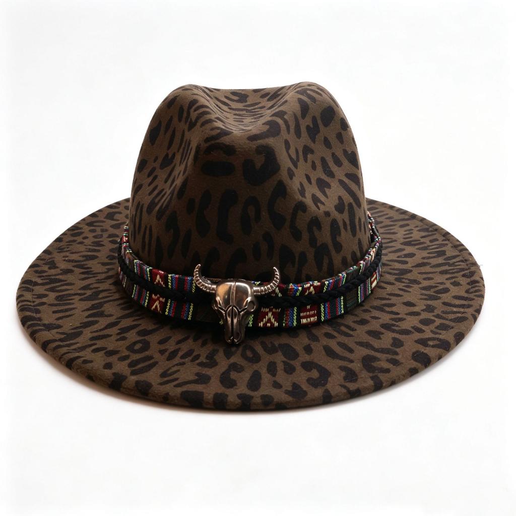 Western cowboy hat new peach heart top big brim leopard print British style fashion woolen jazz top hat
