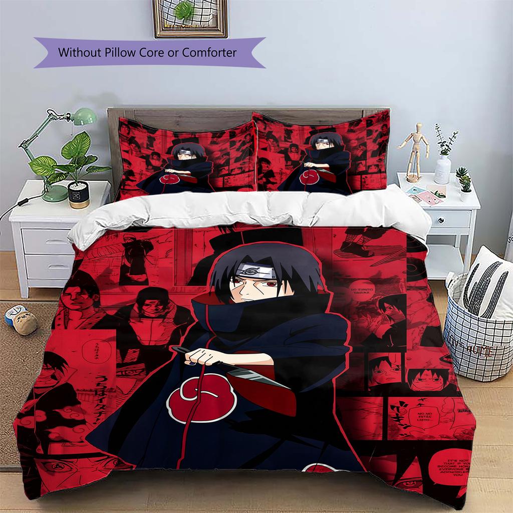 Naruto Anime Wzór Itachi Uchiha Pościel Dekoracja Domu Prezent Urodzinowy (1 * poszwa na kołdrę + 2 * poszewki na poduszki, bez rdzenia)