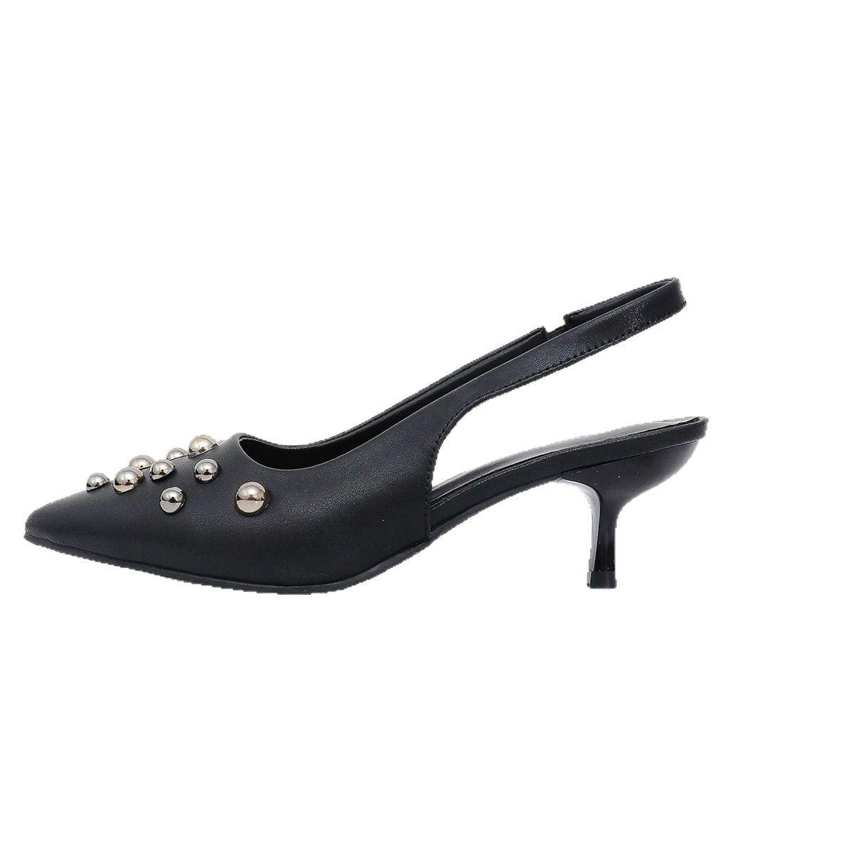 

Pointed head, shallow mouth, rear strap, high tube thin heel sandals, women s spring 2025 bag head, rivet elastic band, medium heel single shoes 35 чёрный